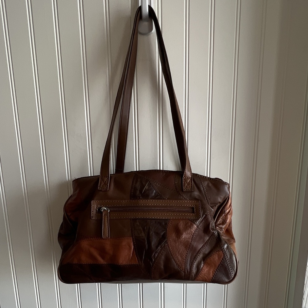 Jaclyn Smith Brown Patchwork Shoulder Bag Zip Closure Lined Pockets